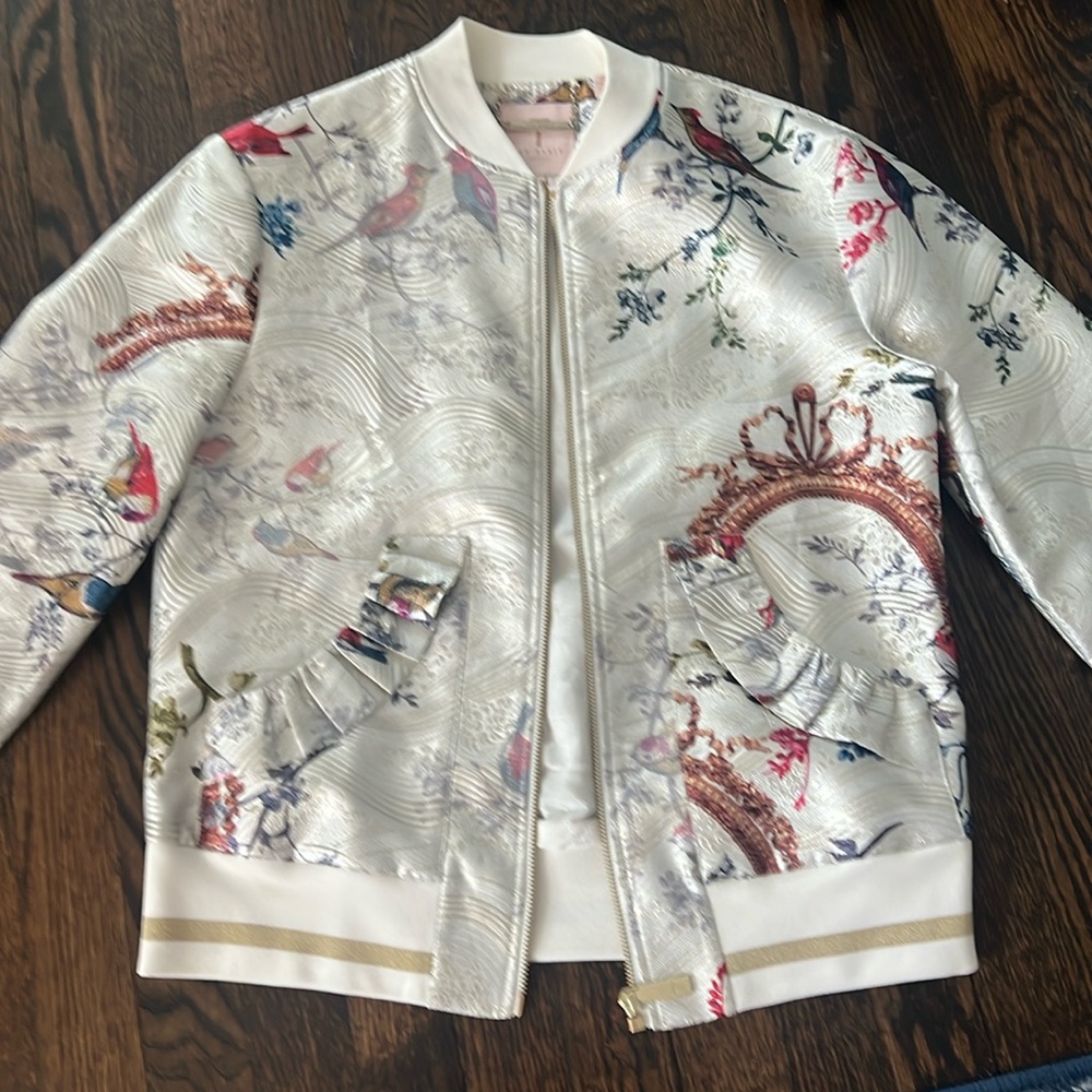 Ted Baker Metallic Blazer with Bird Design and Ruffled pockets